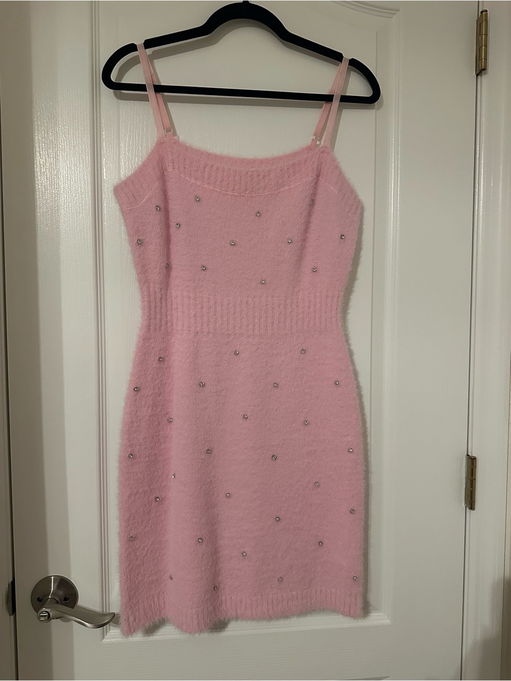 Ces Femme brand Pink Sweater Dress with Rhinestones and Spaghetti Straps